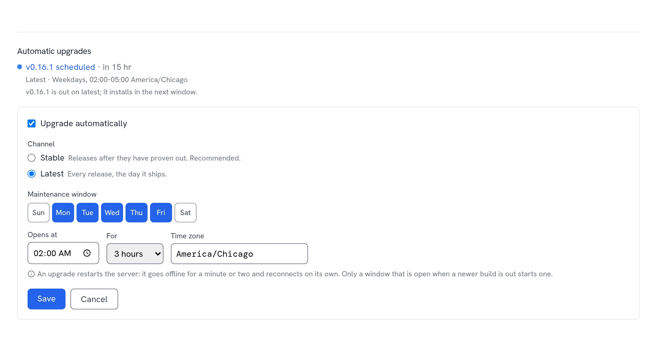 The automatic upgrade settings: upgrade automatically on the Stable or Latest channel, within a maintenance window of chosen weekdays, a start time, a duration, and a time zone