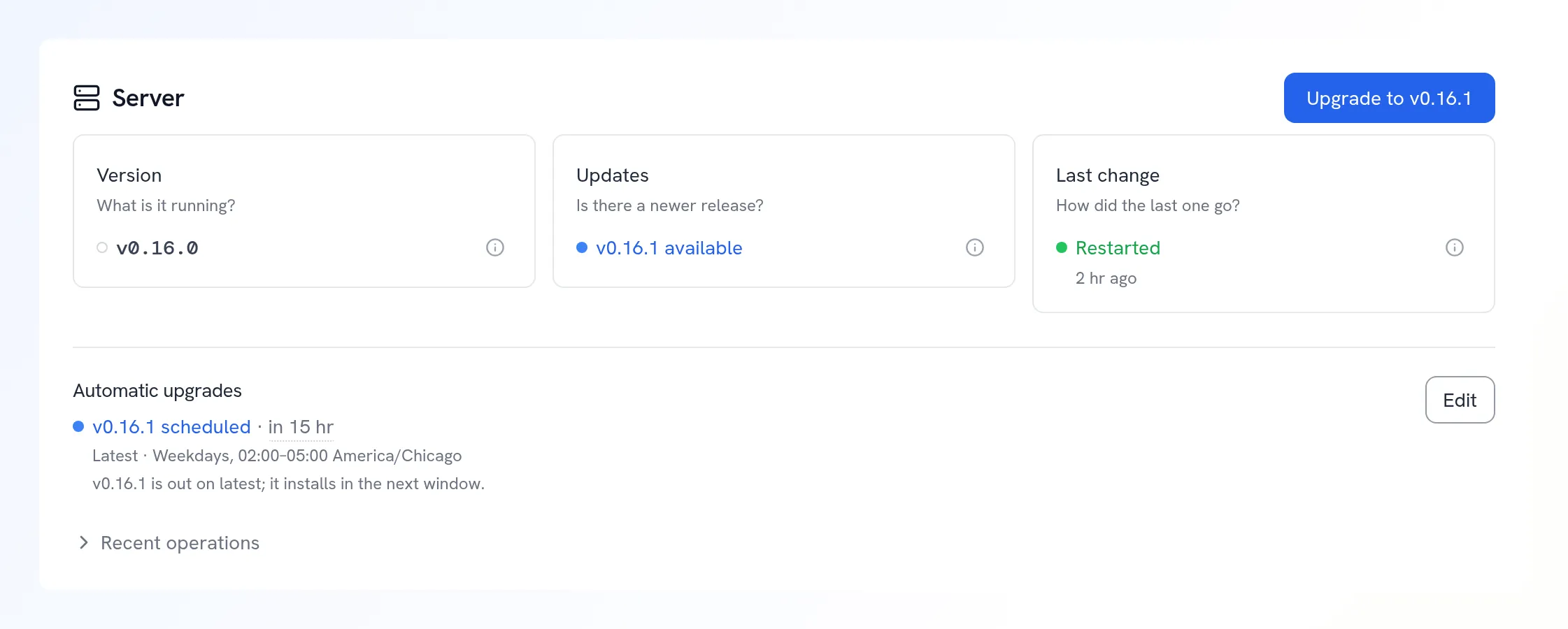 The Server section of a cluster page: running v0.16.0, v0.16.1 available with an Upgrade button, and automatic upgrades scheduling v0.16.1 for the next weekday window