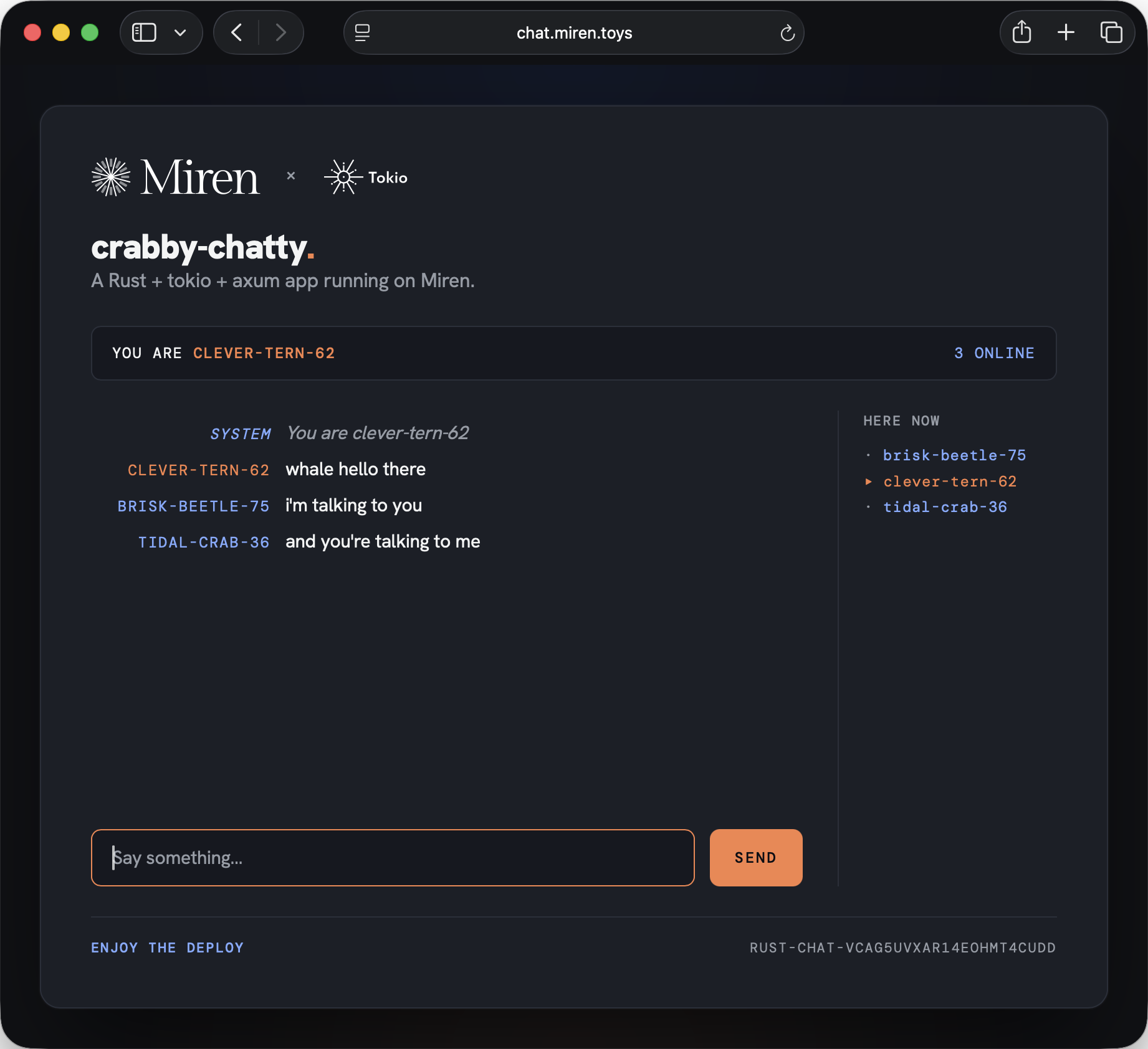 A screenshot of the rust-chat UI with three connected users saying hello to each other